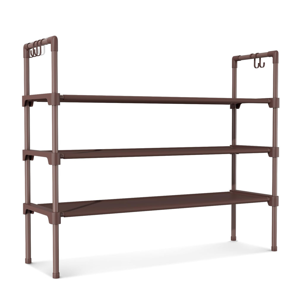 LANTEFUL 3 Tier Shoe Rack for Closet, Shoe Organizer with 5 Hooks, Long Shoe Shelf Storage for Sneaker and Boot Stackable Free Standing Shoe Rack for Entryway, Garage, Small Spaces, Dorm