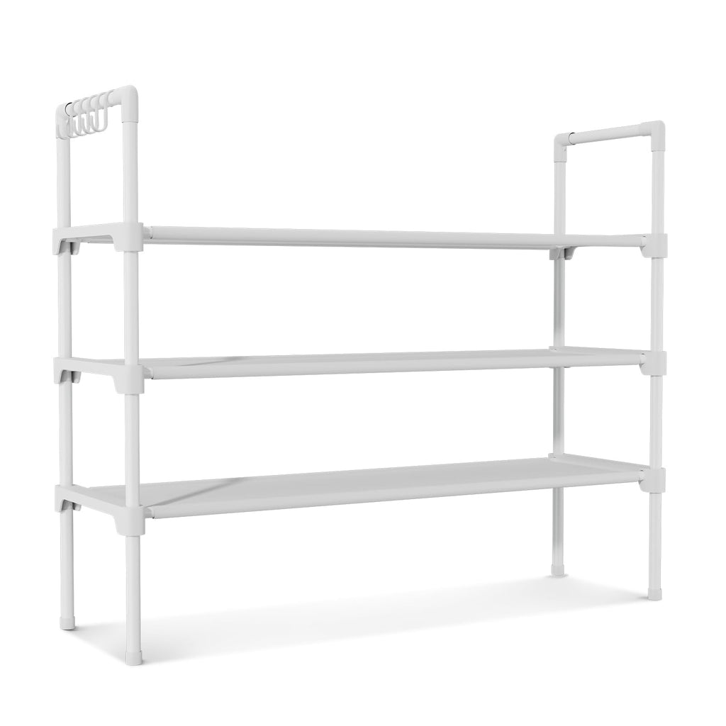 LANTEFUL 3 Tier Shoe Rack for Closet, Shoe Organizer with 5 Hooks, Long Shoe Shelf Storage for Sneaker and Boot Stackable Free Standing Shoe Rack for Entryway, Garage, Small Spaces, Dorm
