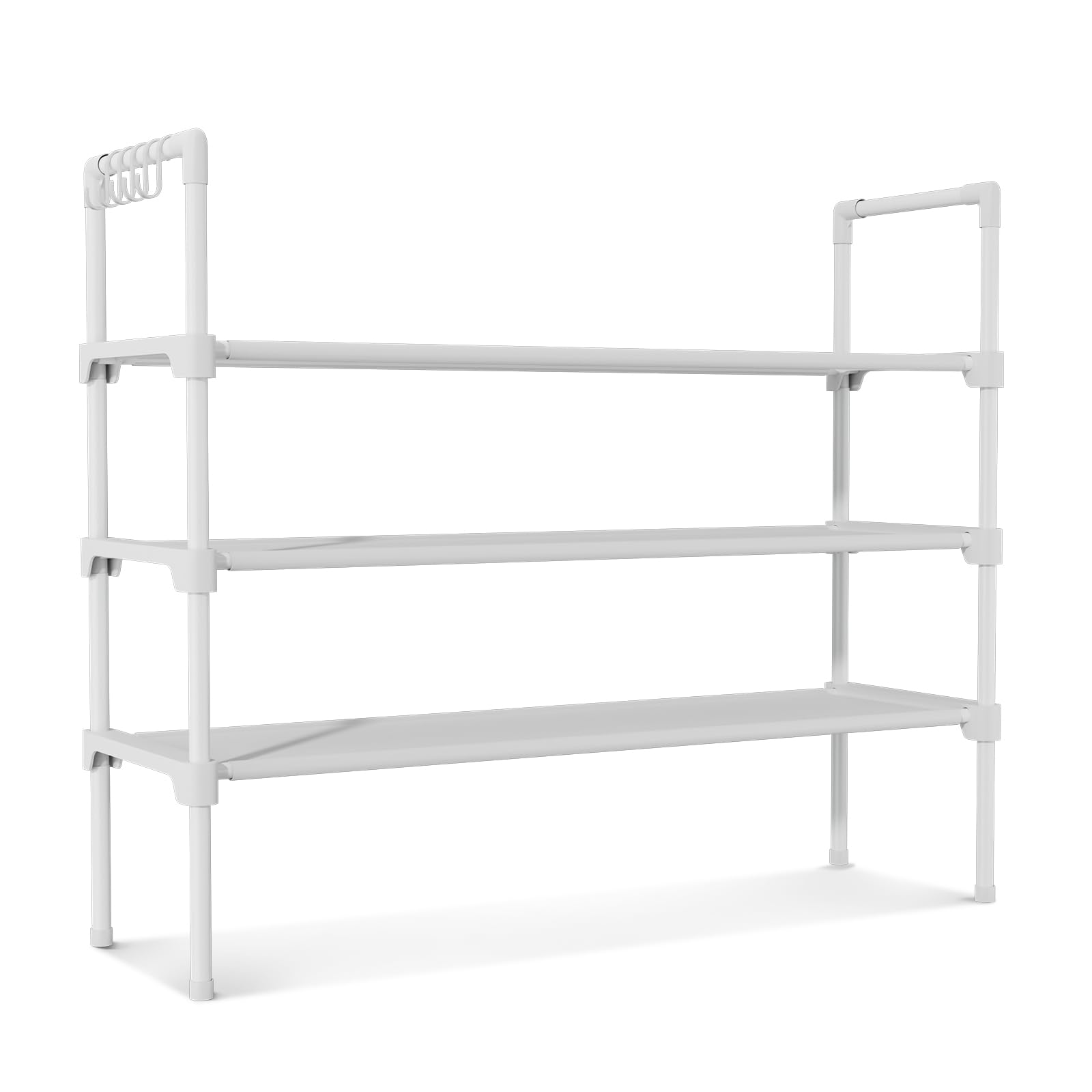 LANTEFUL 3 Tier Shoe Rack for Closet, Shoe Organizer with 5 Hooks, Long Shoe Shelf Storage for Sneaker and Boot Stackable Free Standing Shoe Rack for Entryway, Garage, Small Spaces, Dorm