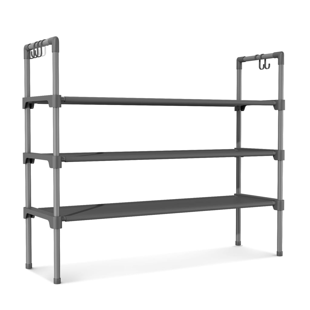 LANTEFUL 3 Tier Shoe Rack for Closet, Shoe Organizer with 5 Hooks, Long Shoe Shelf Storage for Sneaker and Boot Stackable Free Standing Shoe Rack for Entryway, Garage, Small Spaces, Dorm
