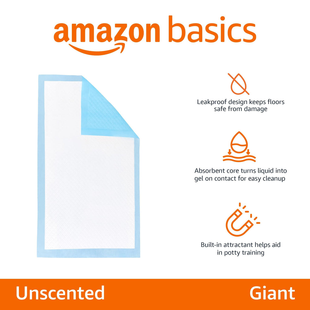 Amazon Basics Dog and Puppy Pee Pads, 5-Layer Leak-Proof Super Absorbent, Quick-Dry Surface, Potty Training, Regular (22x22"), 50 Count, Blue & White