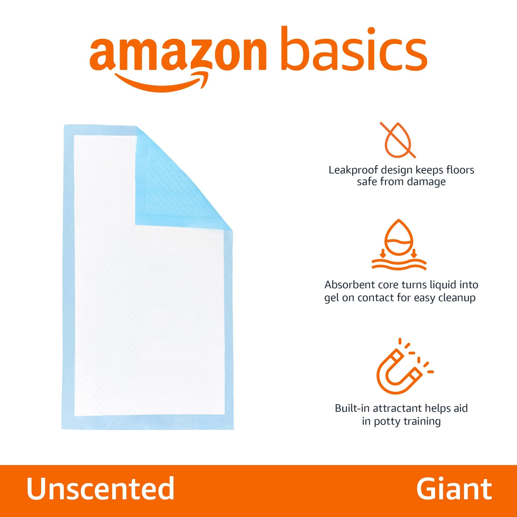 Amazon Basics Dog and Puppy Pee Pads, 5-Layer Leak-Proof Super Absorbent, Quick-Dry Surface, Potty Training, Regular (22x22"), 50 Count, Blue & White