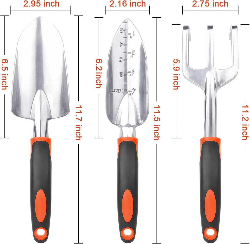 Garden Tools Set, 3 Pack Heavy Duty Gardening Tools Set Include Garden Shovel, Transplant Trowel and Hand Rake with Ergonomic Non-Slip Handle, Aluminum Alloy Lawn and Garden Hand Tools for Planting