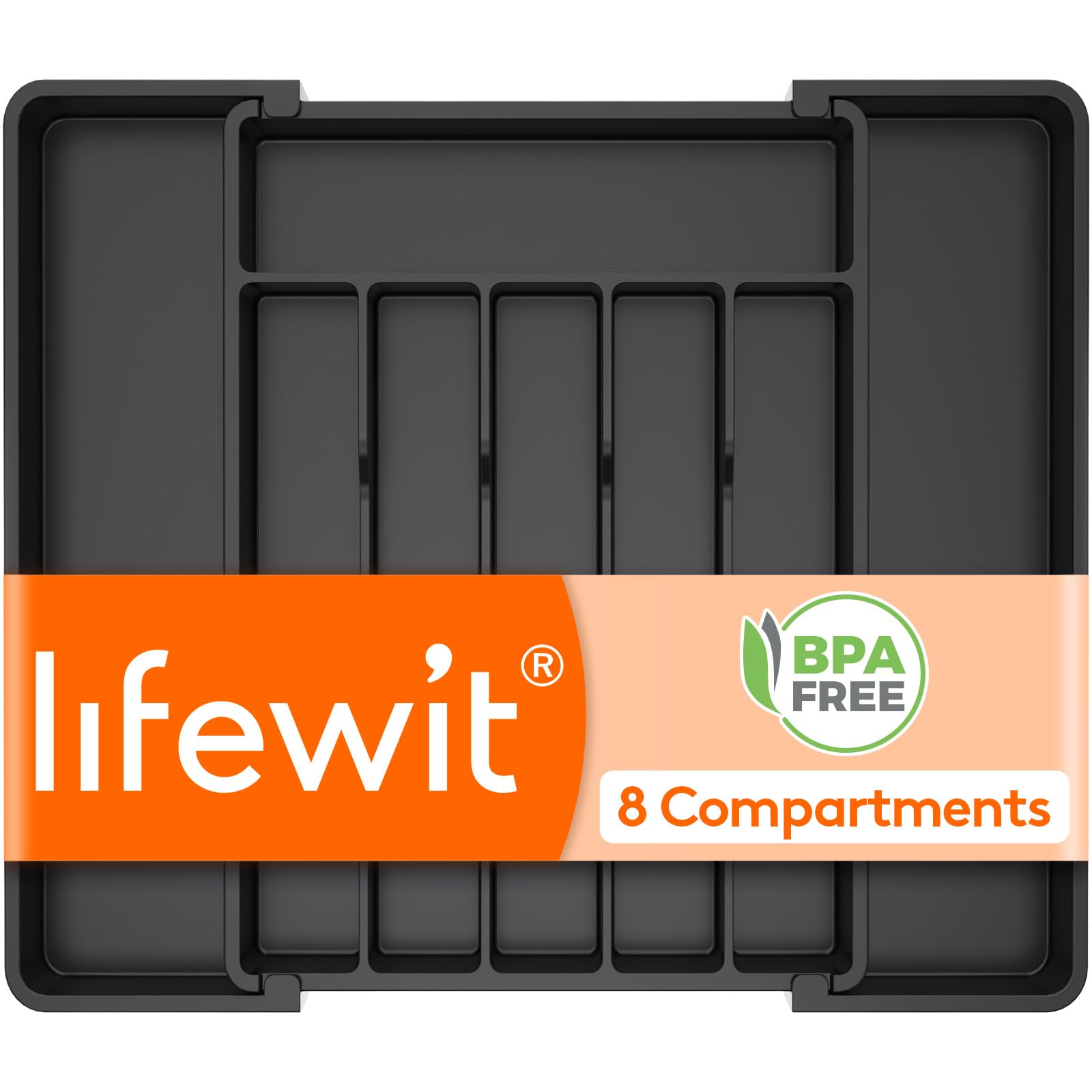 Lifewit Silverware Drawer Organizer, Expandable Utensil Tray for Kitchen, BPA Free Flatware and Cutlery Holder, Adjustable Plastic Storage for Spoons Forks Knives, 8.5"-14.1" x 12.1", Black