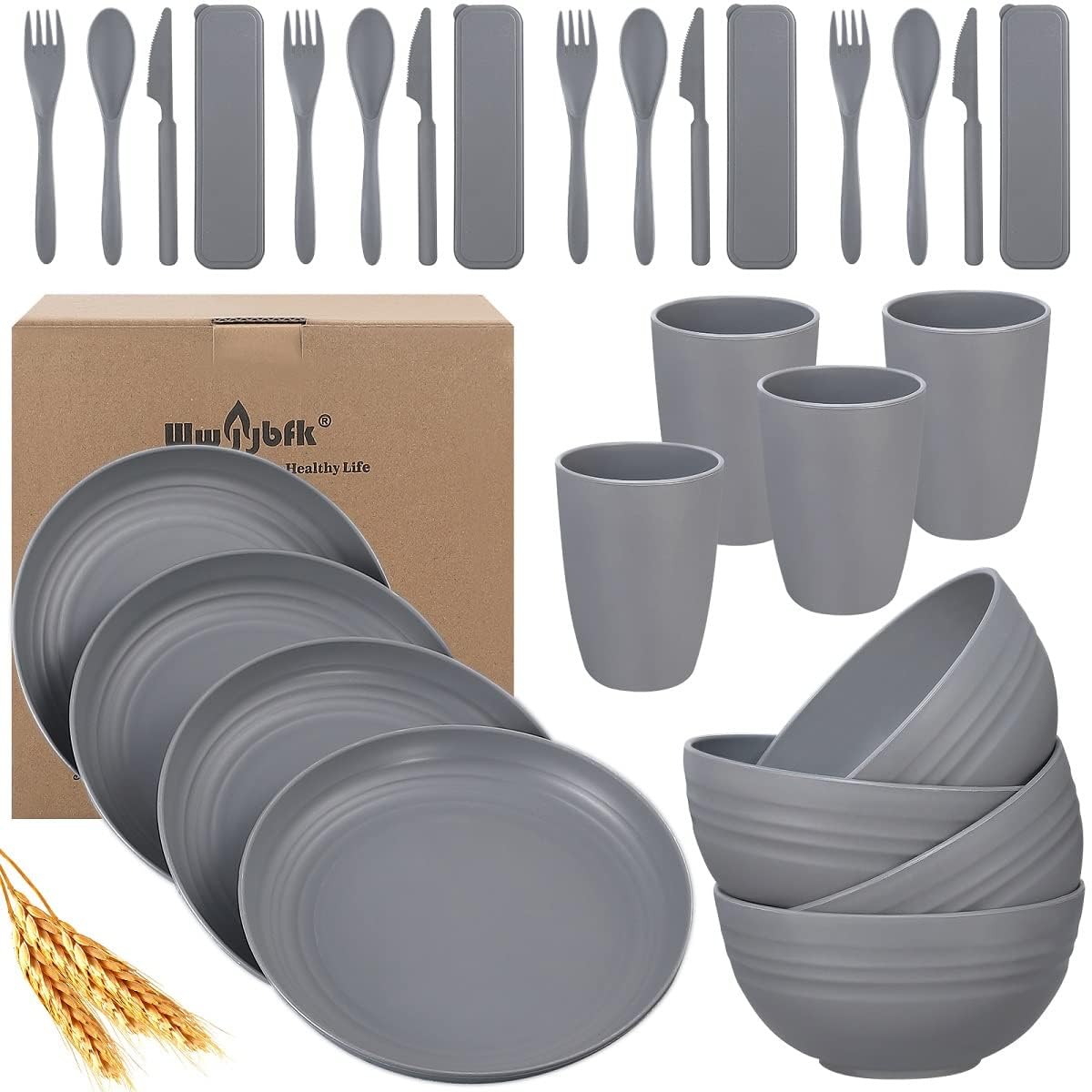 Wheat Straw Dinnerware Sets for 4, Wheat Straw Plates and Bowls Sets Kitchen Dishes 28pcs College Dorm Room Essentials Cutlery Set Microwave Safe (Beige)