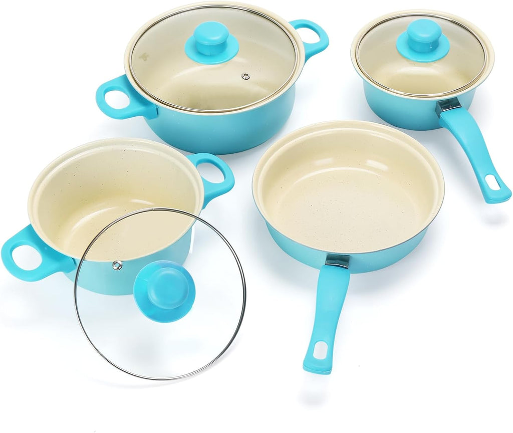 Non-Stick Cookware Set, Portable Lightweight Cast Iron Pots and Pans with Glass Lids and Nylon Utensils - 13 Piece Set Blue for Outdoor Camping Picnic Travel