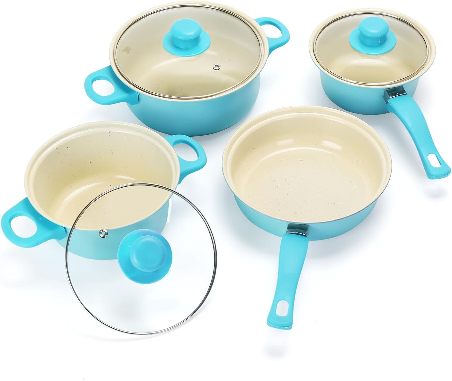 Non-Stick Cookware Set, Portable Lightweight Cast Iron Pots and Pans with Glass Lids and Nylon Utensils - 13 Piece Set Blue for Outdoor Camping Picnic Travel