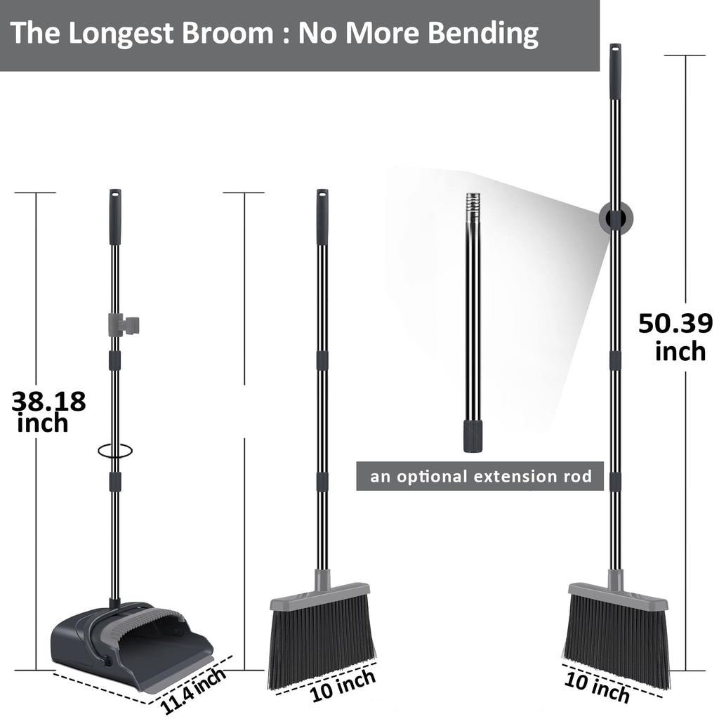 kelamayi Upgrade Broom and Dustpan Set, Large Size and with Long Handle, Upright,Ideal for Indoor Outdoor Garage Kitchen Room Office Lobby Use (Green)