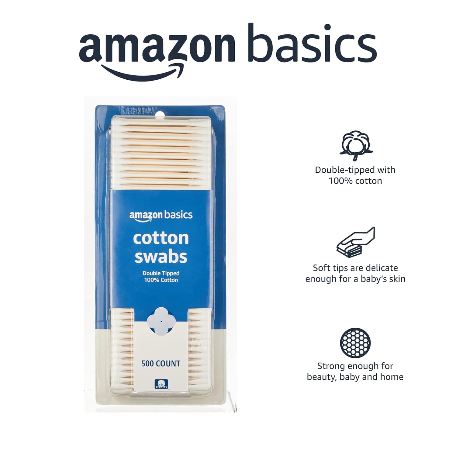 Amazon Basics Cotton Swabs for Personal Hygiene and Baby Care, 500 Count, 1 Pack