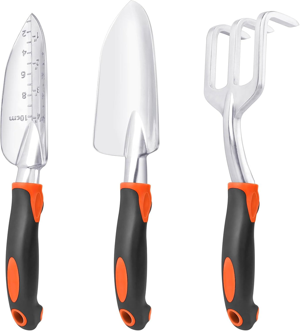 Garden Tools Set, 3 Pack Heavy Duty Gardening Tools Set Include Garden Shovel, Transplant Trowel and Hand Rake with Ergonomic Non-Slip Handle, Aluminum Alloy Lawn and Garden Hand Tools for Planting