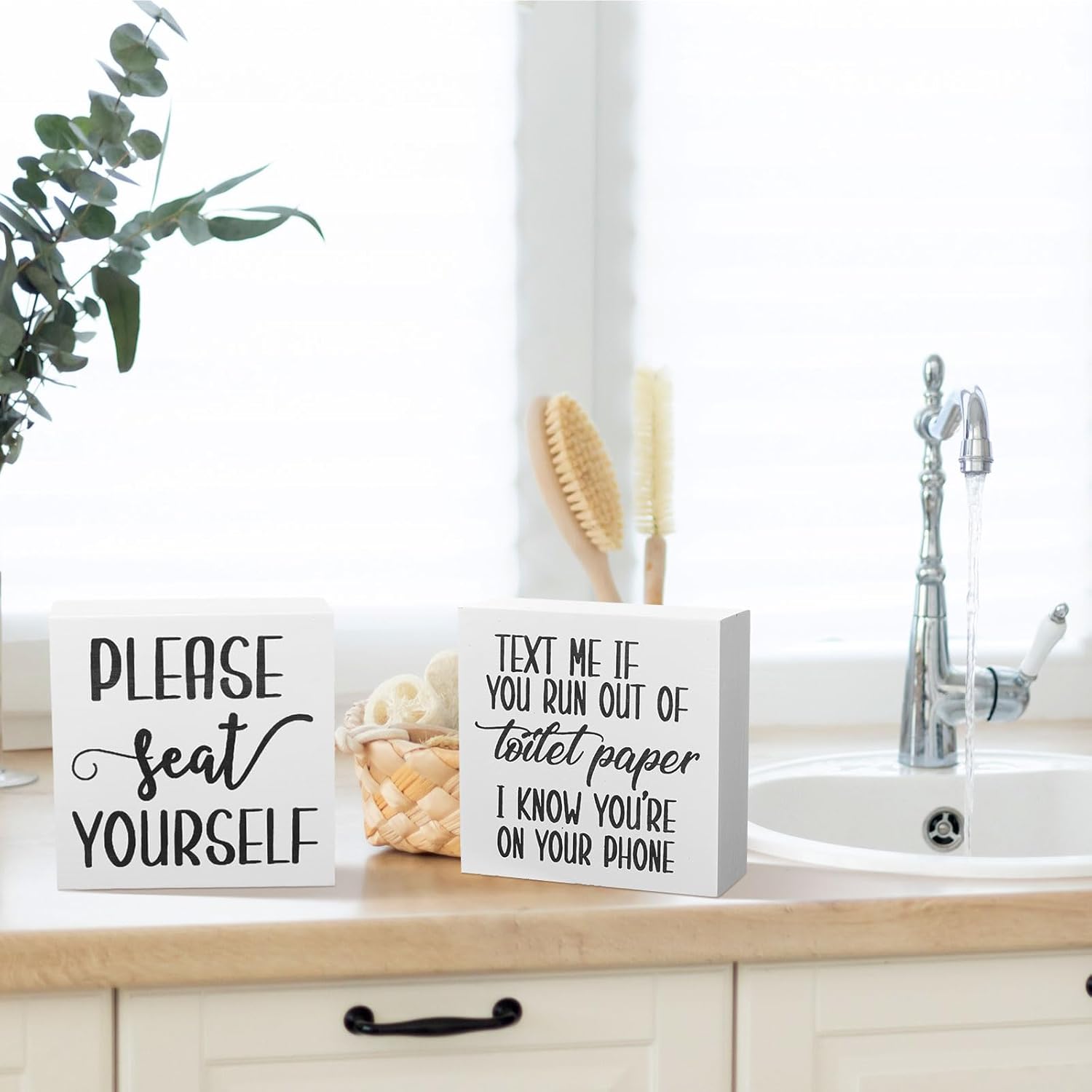 Jetec 2 Pieces Farmhouse Bathroom Signs Decor Wooden Box Sign Funny Bathroom Wall Art Rustic Wood Plaque Please Seat Yourself Decor for Home Restroom(Black)
