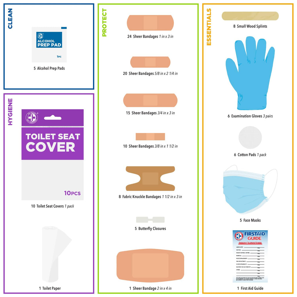Be Smart Get Prepared 180 Piece First Aid Kit: Clean, Treat, Protect Minor Cuts, Scrapes. Home, Office, Car, School, Business, Travel, Emergency, Survival, Hunting, Outdoor, Camping & Sports, FSA HSA
