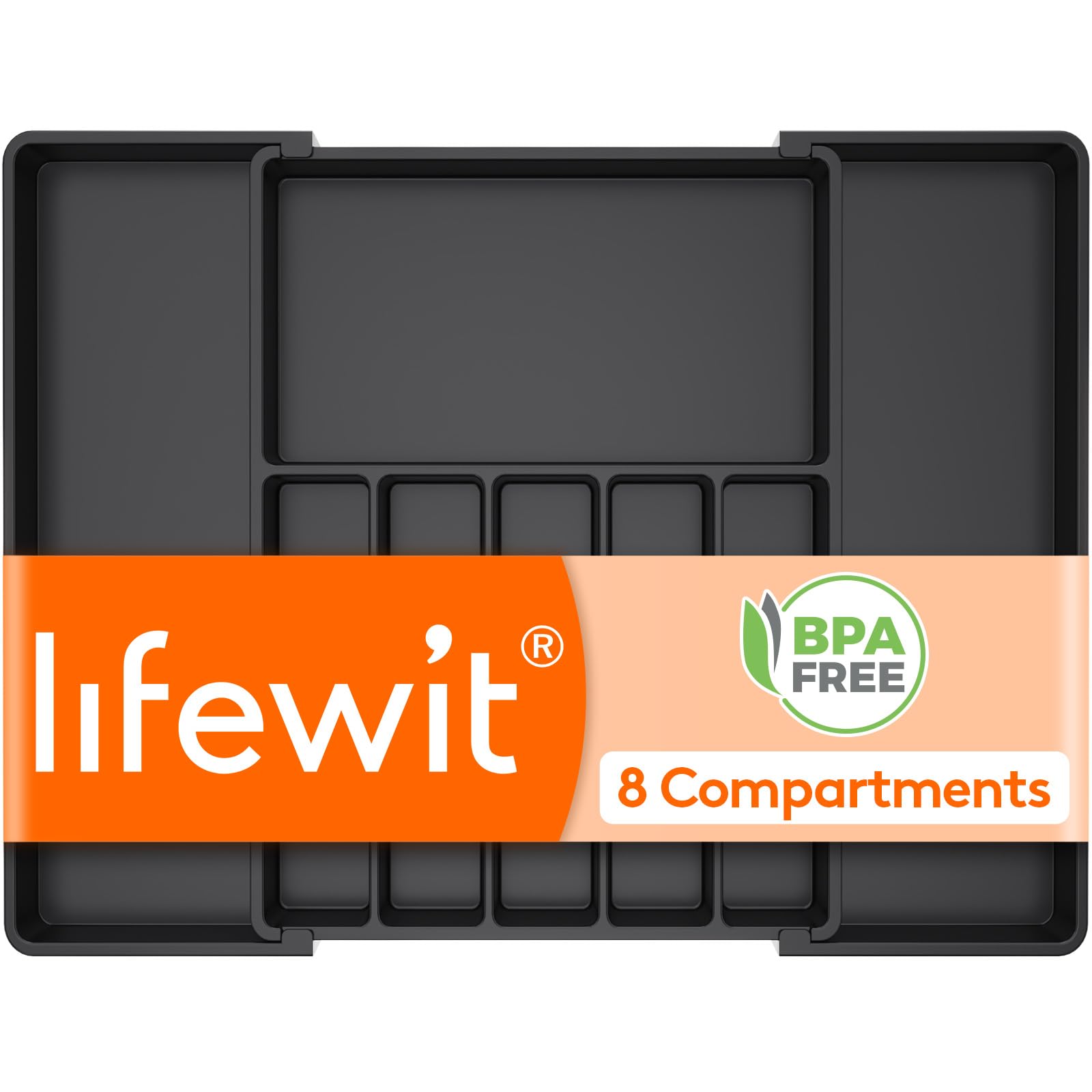 Lifewit Silverware Drawer Organizer, Expandable Utensil Tray for Kitchen, BPA Free Flatware and Cutlery Holder, Adjustable Plastic Storage for Spoons Forks Knives, 8.5"-14.1" x 12.1", Black
