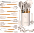 Silicone Cooking Utensils Set - AVGPD Silicone Kitchen Utensils for Cooking Wooden Handles, 446°F Heat Resistant Kitchen Utensil Spatula Sets w Holder, Gadgets for Non-Stick Cookware BPA FREE (Khaki)