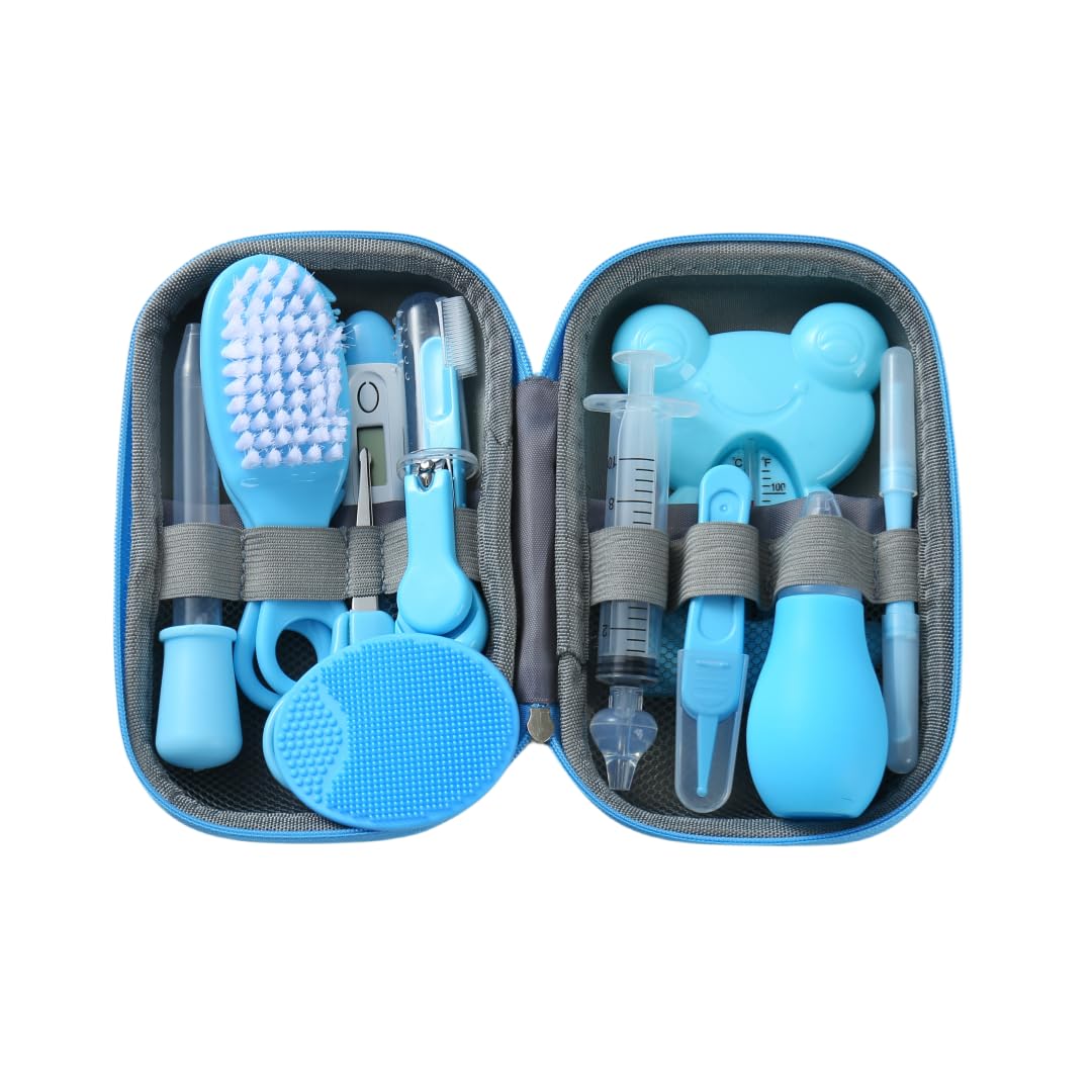 PandaEar Baby Healthcare & Grooming Kit - Baby Safety Set Comb, Brush, Finger Toothbrush, Nail Clippers, Scissors, Nasal Aspirator - Nursery Care Kit (Blue)