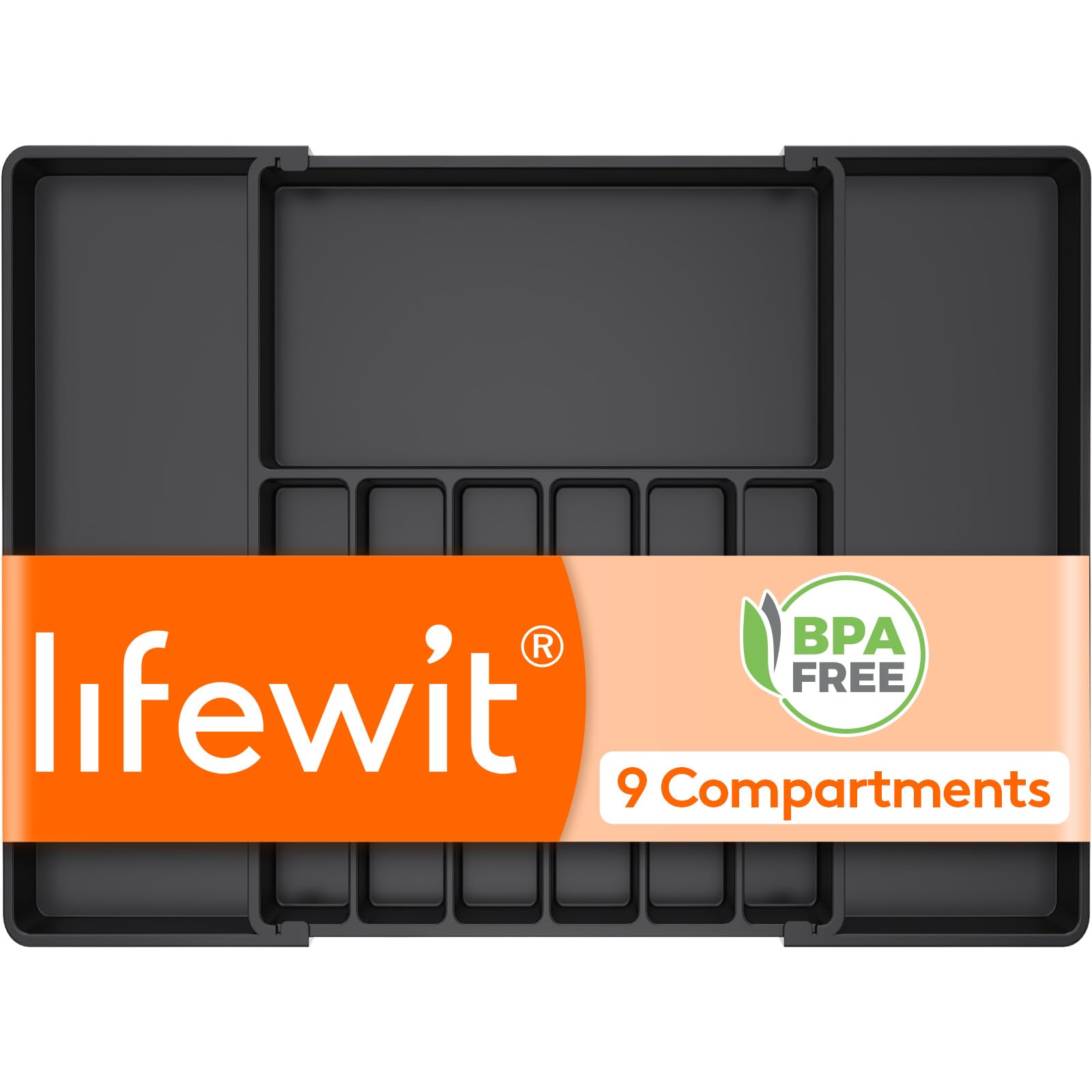 Lifewit Silverware Drawer Organizer, Expandable Utensil Tray for Kitchen, BPA Free Flatware and Cutlery Holder, Adjustable Plastic Storage for Spoons Forks Knives, 8.5"-14.1" x 12.1", Black