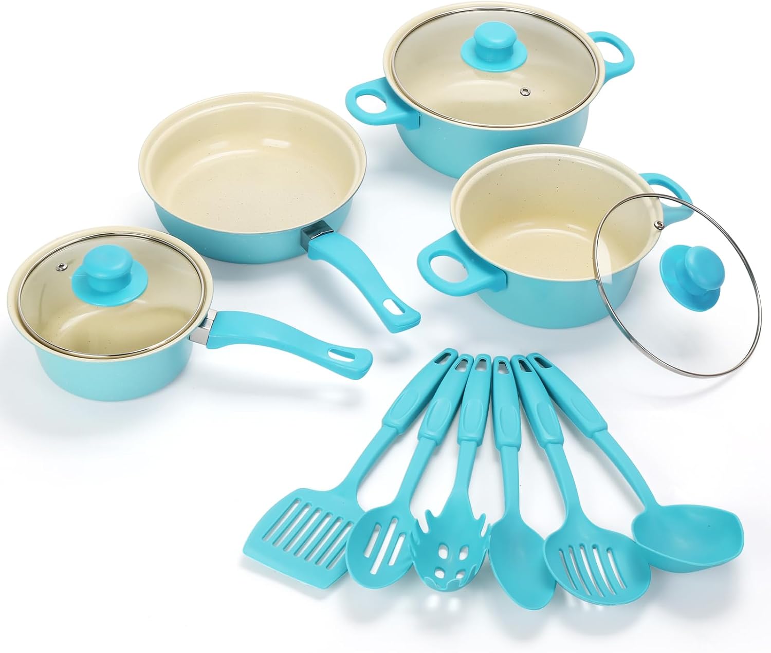 Non-Stick Cookware Set, Portable Lightweight Cast Iron Pots and Pans with Glass Lids and Nylon Utensils - 13 Piece Set Blue for Outdoor Camping Picnic Travel
