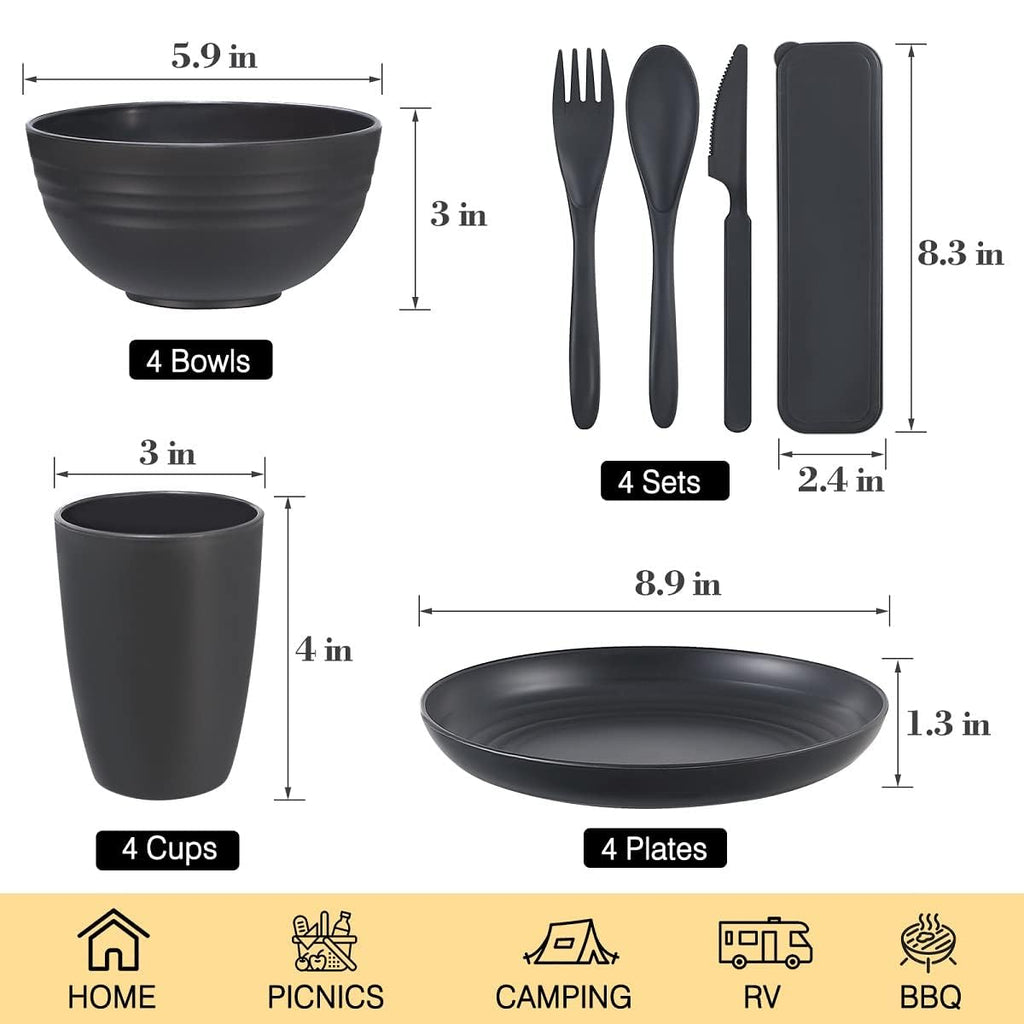 Wheat Straw Dinnerware Sets for 4, Wheat Straw Plates and Bowls Sets Kitchen Dishes 28pcs College Dorm Room Essentials Cutlery Set Microwave Safe (Beige)