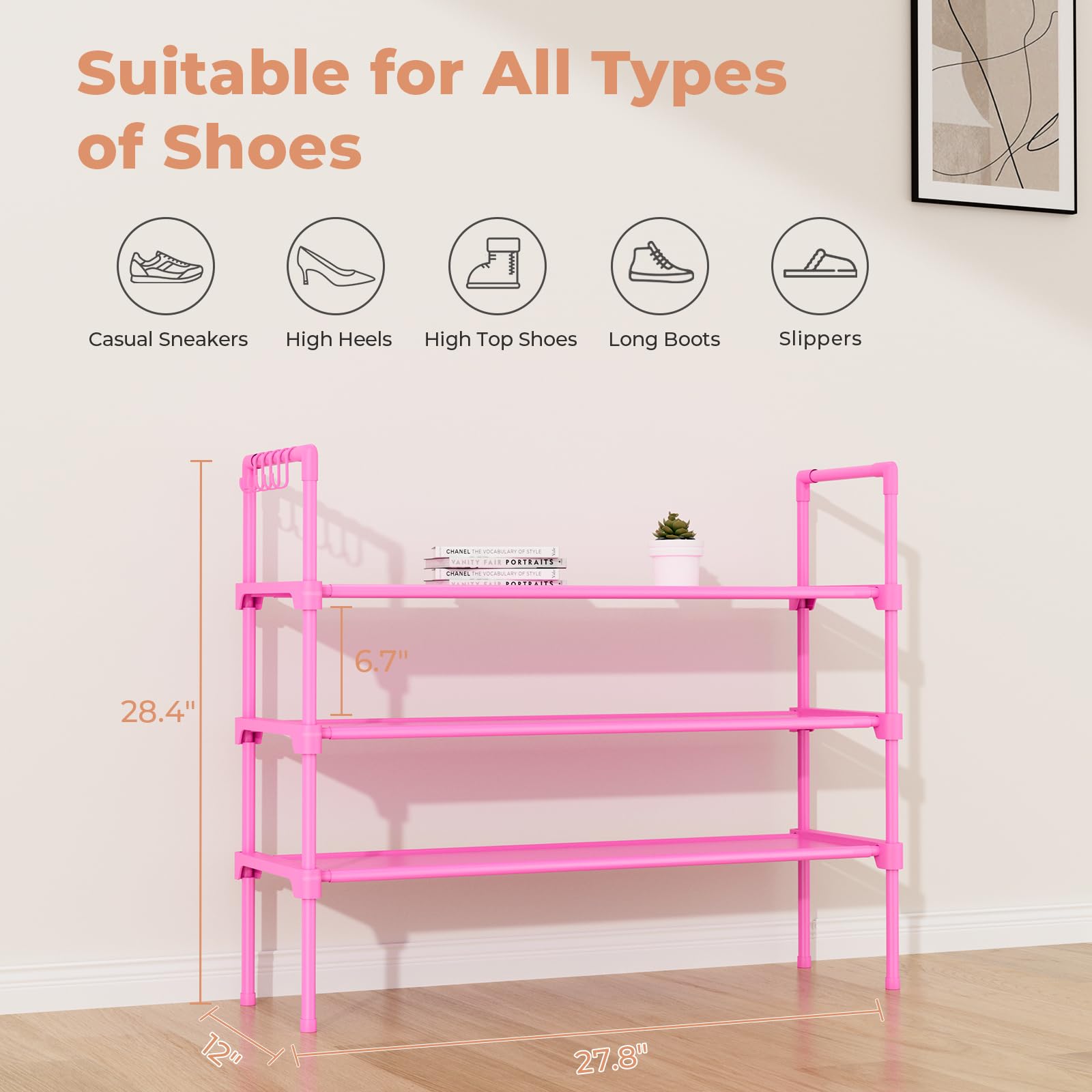 LANTEFUL 3 Tier Shoe Rack for Closet, Shoe Organizer with 5 Hooks, Long Shoe Shelf Storage for Sneaker and Boot Stackable Free Standing Shoe Rack for Entryway, Garage, Small Spaces, Dorm