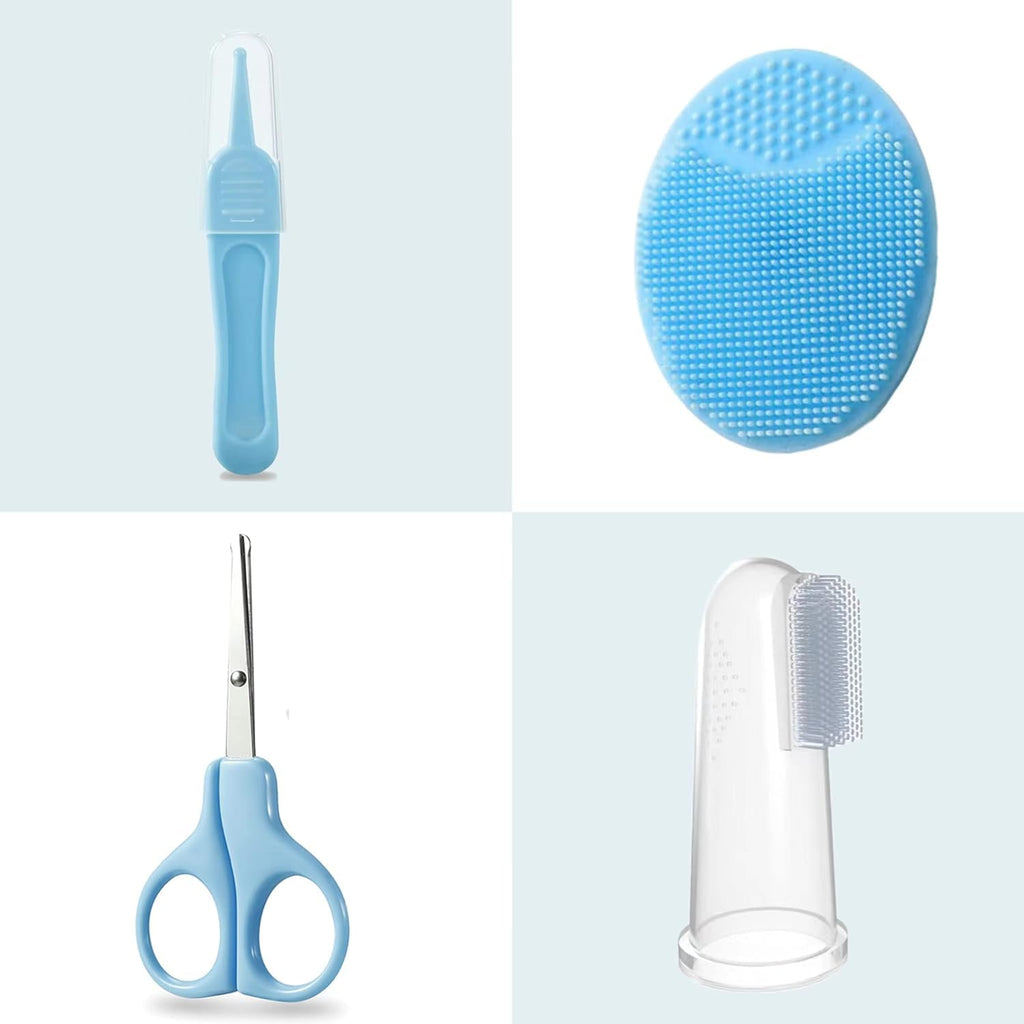 PandaEar Baby Healthcare & Grooming Kit - Baby Safety Set Comb, Brush, Finger Toothbrush, Nail Clippers, Scissors, Nasal Aspirator - Nursery Care Kit (Blue)