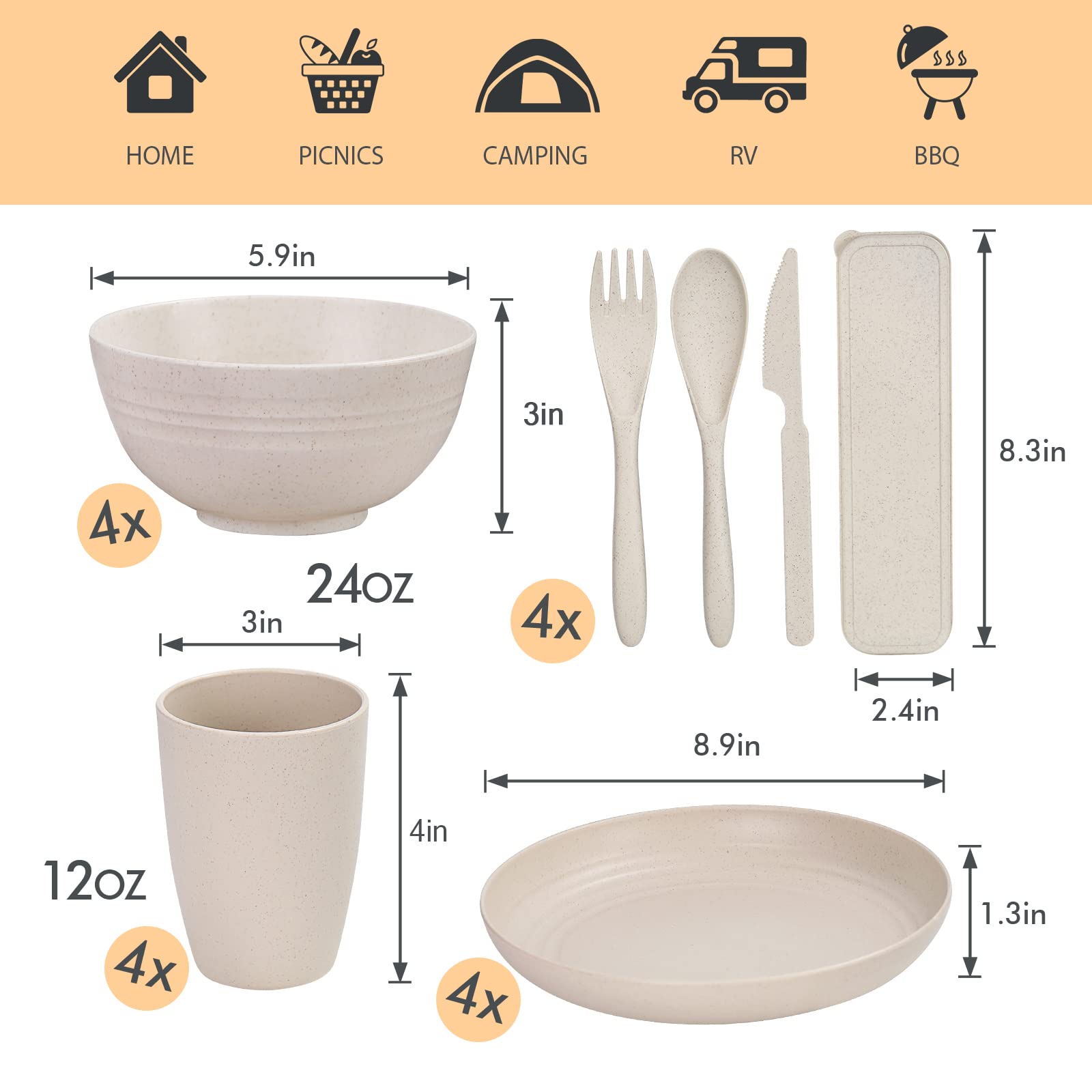 Wheat Straw Dinnerware Sets for 4, Wheat Straw Plates and Bowls Sets Kitchen Dishes 28pcs College Dorm Room Essentials Cutlery Set Microwave Safe (Beige)