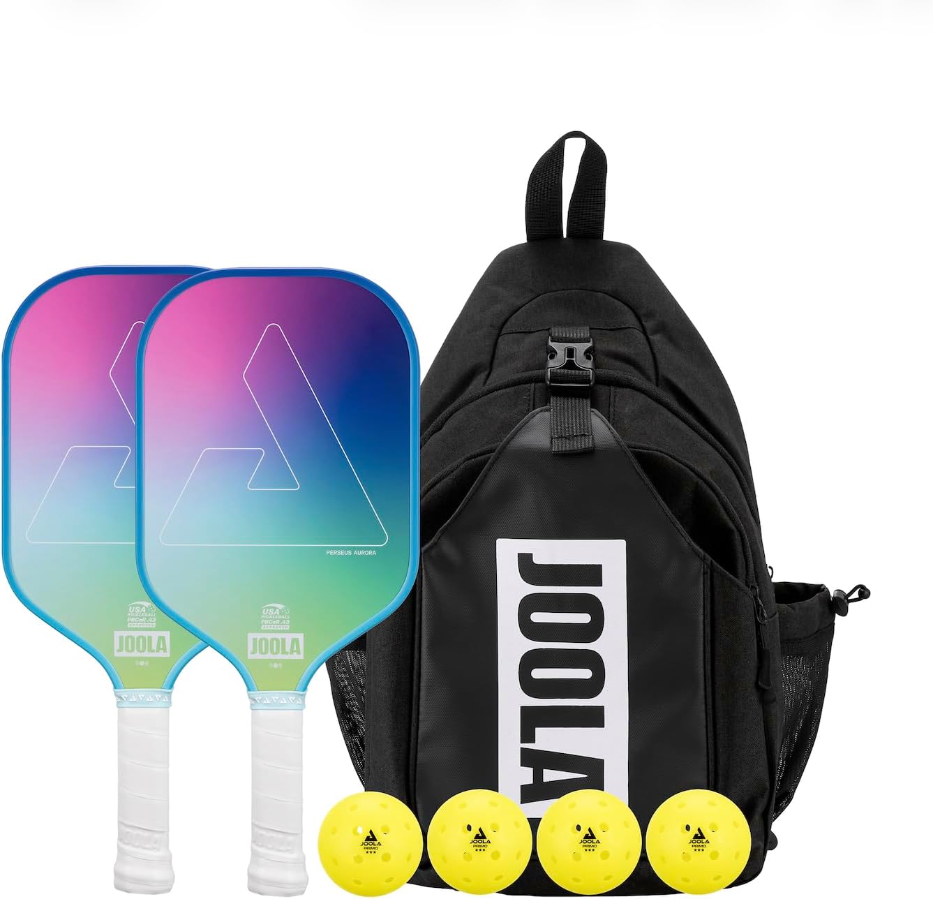 JOOLA Perseus Aurora Pickleball Paddles Set of 2 - Includes: 2 Pickleball Paddles, 4 Balls & Sling Bag - Cold Press Carbon Surface - Lightweight, Beginner Friendly - USAP Approved - NFC Enabled