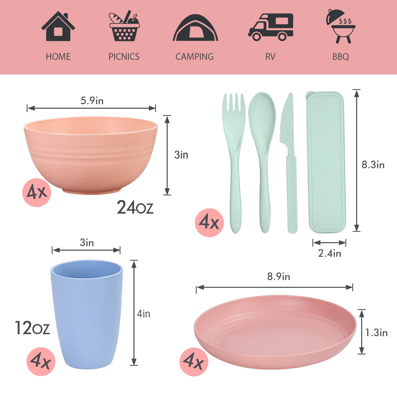 Wheat Straw Dinnerware Sets for 4, Wheat Straw Plates and Bowls Sets Kitchen Dishes 28pcs College Dorm Room Essentials Cutlery Set Microwave Safe (Beige)