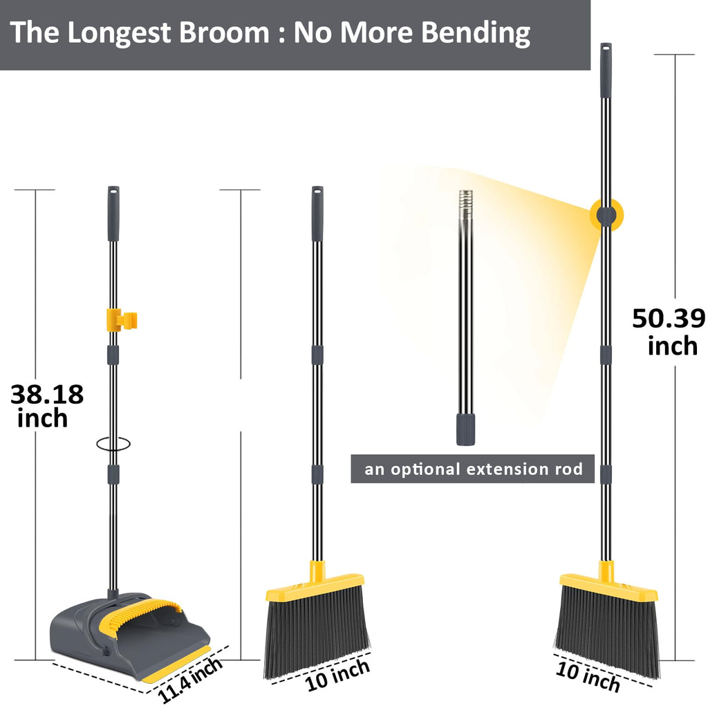 kelamayi Upgrade Broom and Dustpan Set, Large Size and with Long Handle, Upright,Ideal for Indoor Outdoor Garage Kitchen Room Office Lobby Use (Green)