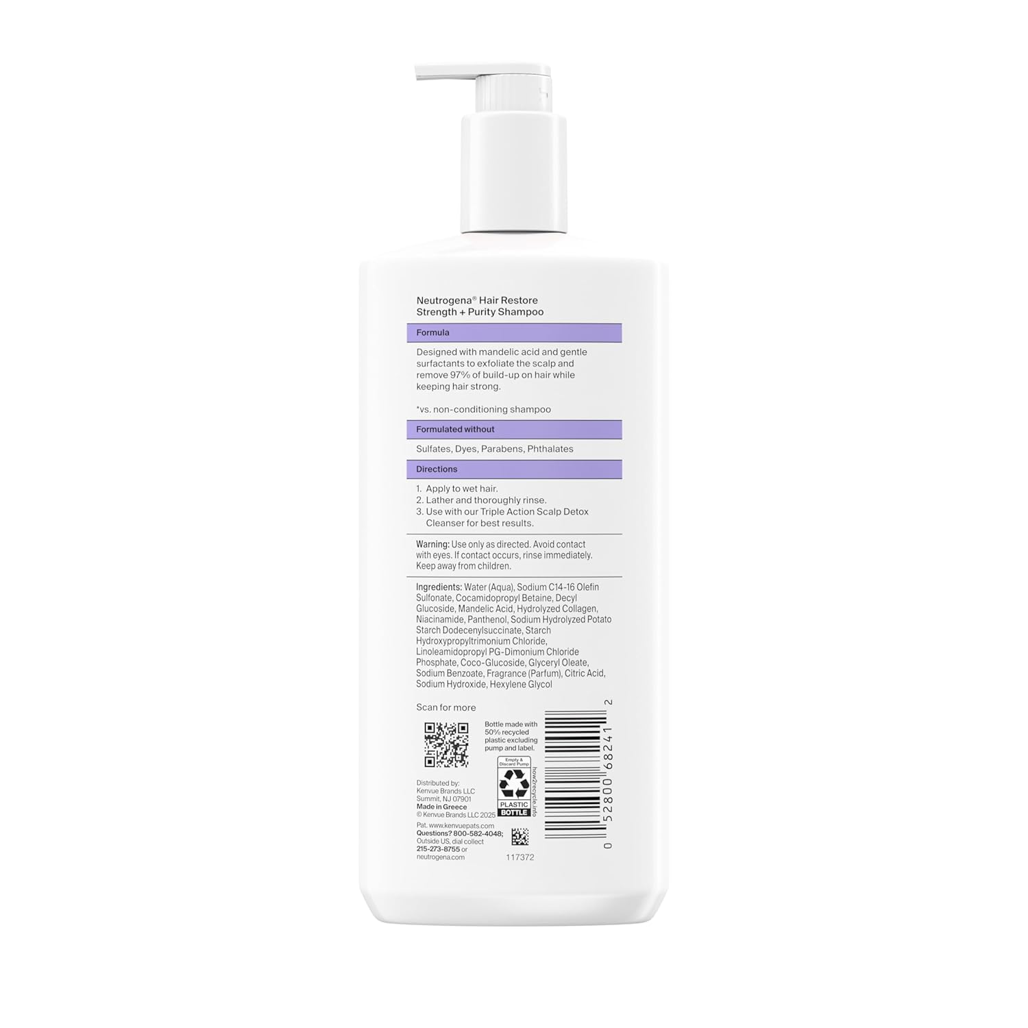 Neutrogena Hair Restore Strength + Purity Shampoo, Exfoliating Hair Wash with 1.5% Mandelic Acid Gently Removes 97% of Buildup & Reduces Shedding due to Breakage, Paraben-Free, 13 fl oz
