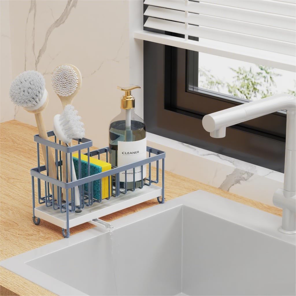 Cisily Black Sponge Holder for Kitchen Sink, Sink Caddy Organizer with High Brush Holder, Kitchen Countertop Organizers and Storage Essentials, Rustproof 304 Stainless Steel, Soap Dispenser Organize