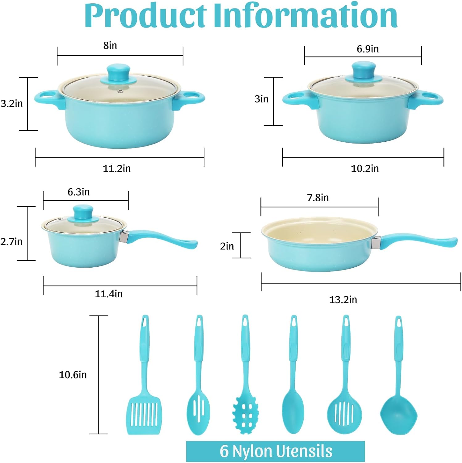 Non-Stick Cookware Set, Portable Lightweight Cast Iron Pots and Pans with Glass Lids and Nylon Utensils - 13 Piece Set Blue for Outdoor Camping Picnic Travel