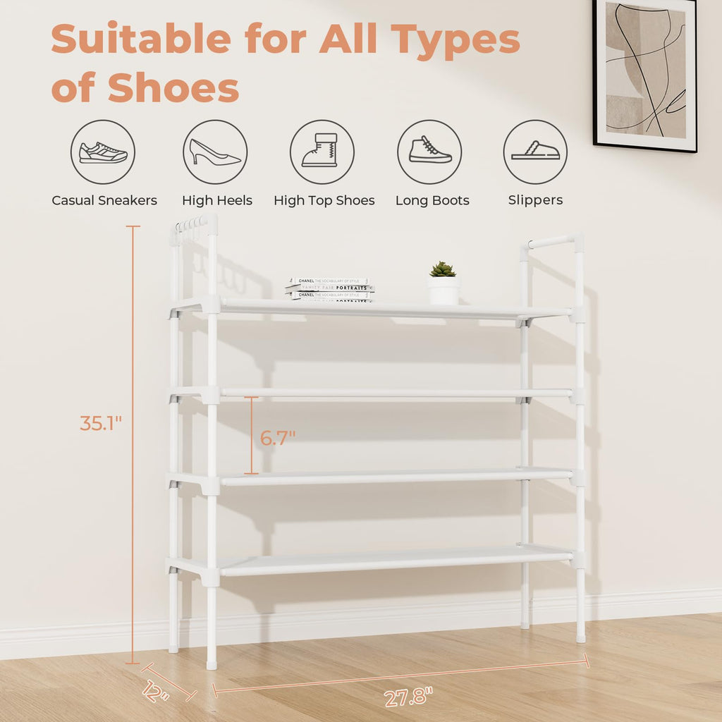 LANTEFUL 3 Tier Shoe Rack for Closet, Shoe Organizer with 5 Hooks, Long Shoe Shelf Storage for Sneaker and Boot Stackable Free Standing Shoe Rack for Entryway, Garage, Small Spaces, Dorm