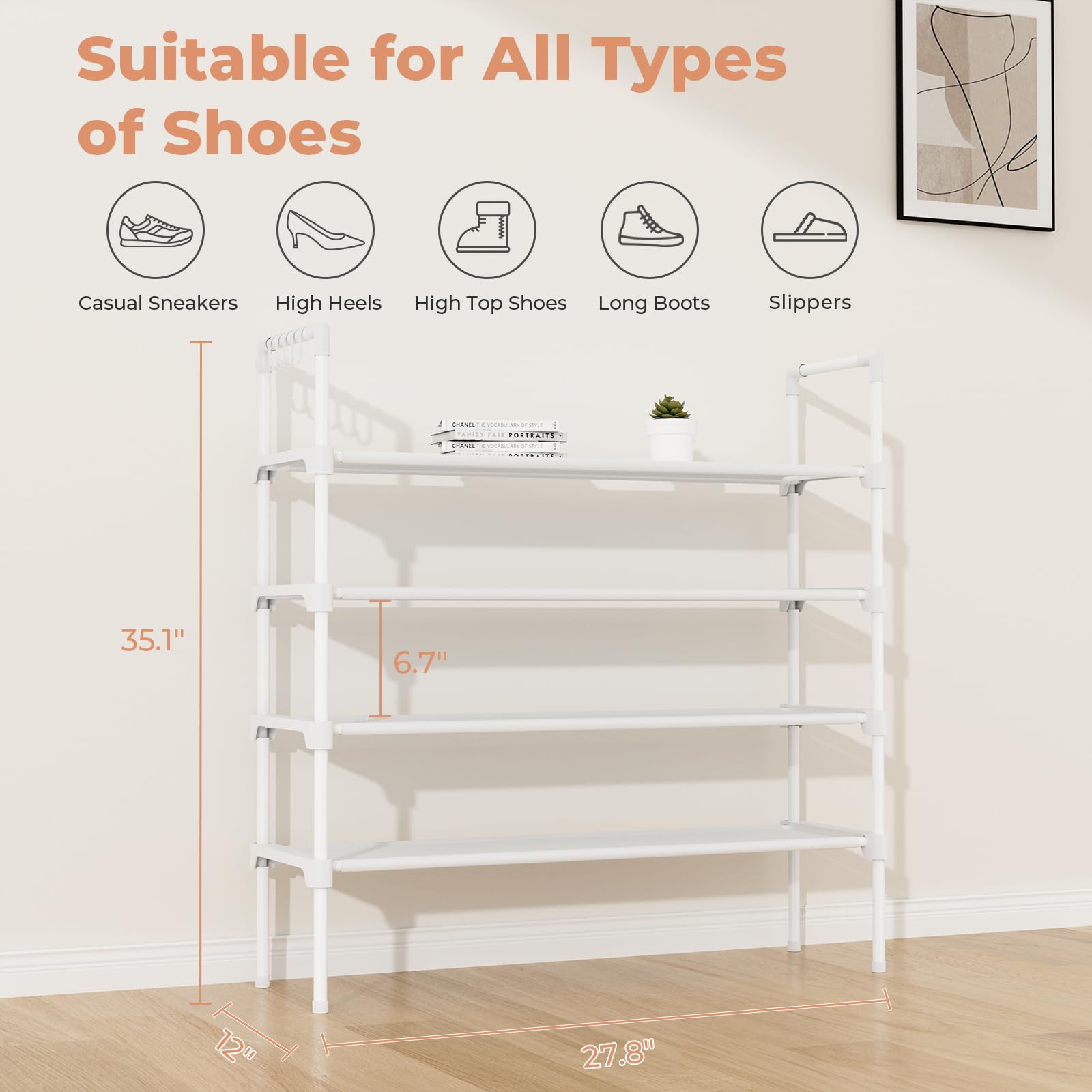 LANTEFUL 3 Tier Shoe Rack for Closet, Shoe Organizer with 5 Hooks, Long Shoe Shelf Storage for Sneaker and Boot Stackable Free Standing Shoe Rack for Entryway, Garage, Small Spaces, Dorm