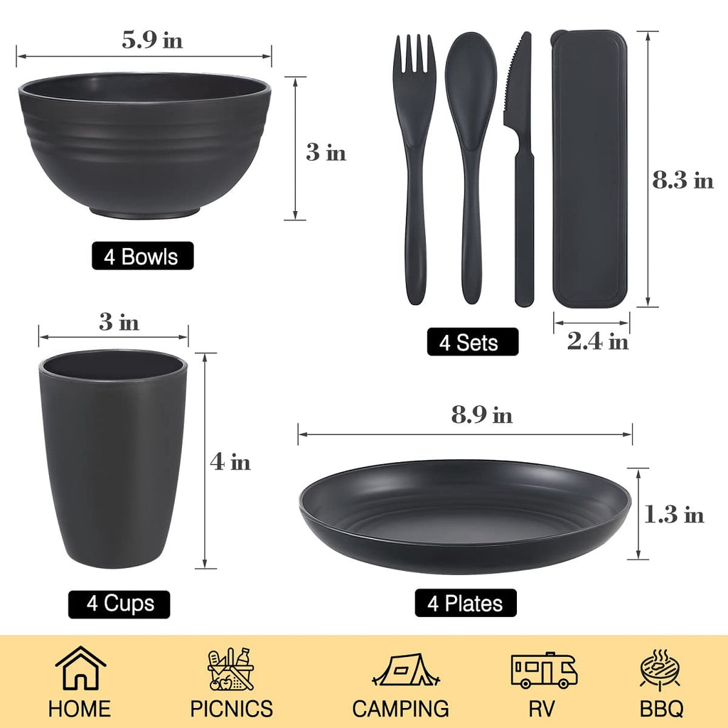 Wheat Straw Dinnerware Sets for 4, Wheat Straw Plates and Bowls Sets Kitchen Dishes 28pcs College Dorm Room Essentials Cutlery Set Microwave Safe (Beige)