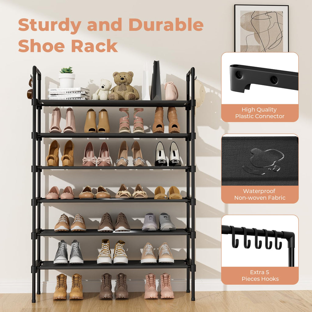 LANTEFUL 3 Tier Shoe Rack for Closet, Shoe Organizer with 5 Hooks, Long Shoe Shelf Storage for Sneaker and Boot Stackable Free Standing Shoe Rack for Entryway, Garage, Small Spaces, Dorm