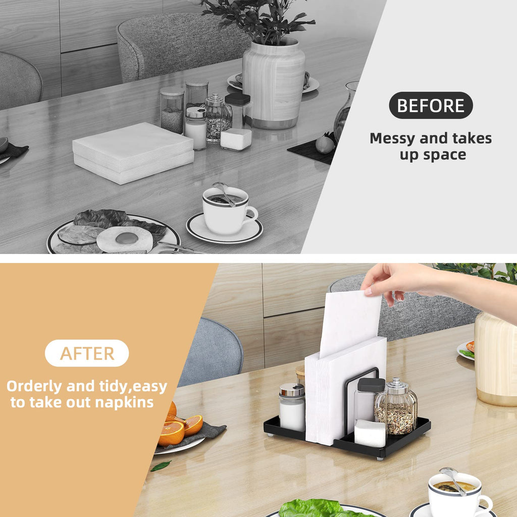 Napkin Holder for Table, Metal Napkin Holder with Salt and Pepper Shakers Caddy, Standing Paper Napkin Storage for Kitchen Dining Table Decor, Black