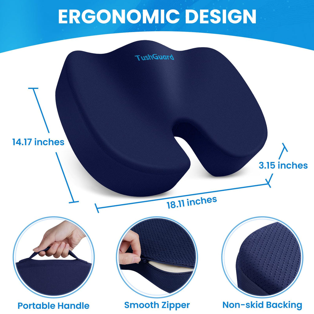 TushGuard Seat Cushion for Office Chair Memory Foam Non-Slip Cushion Back, Relief Chair Pad, Butt Pillow for Office Chair, Car, Computer Desk, Black