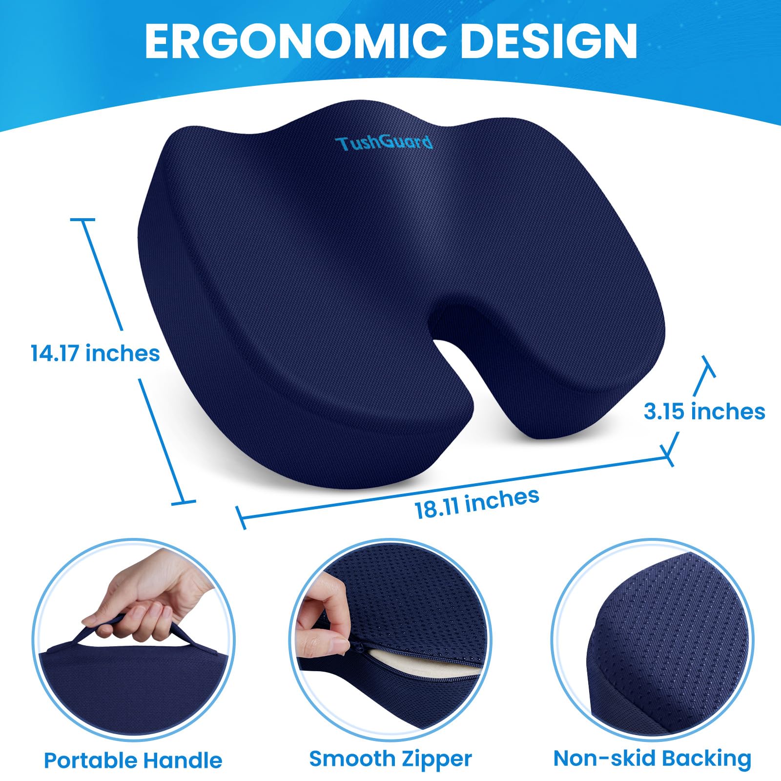 TushGuard Seat Cushion for Office Chair Memory Foam Non-Slip Cushion Back, Relief Chair Pad, Butt Pillow for Office Chair, Car, Computer Desk, Black