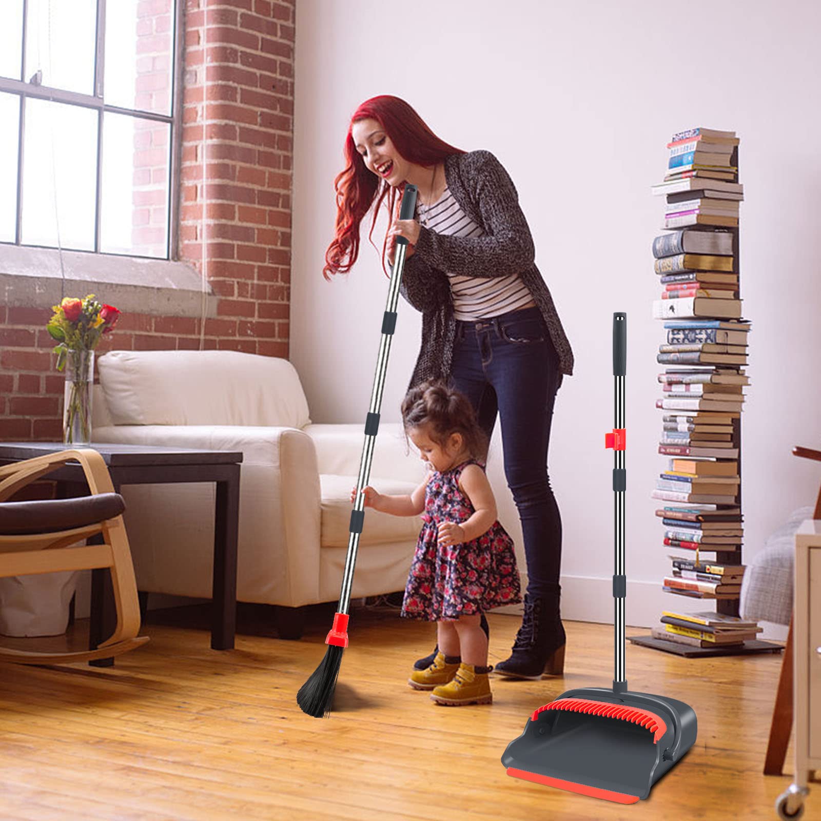 kelamayi Upgrade Broom and Dustpan Set, Large Size and with Long Handle, Upright,Ideal for Indoor Outdoor Garage Kitchen Room Office Lobby Use (Green)