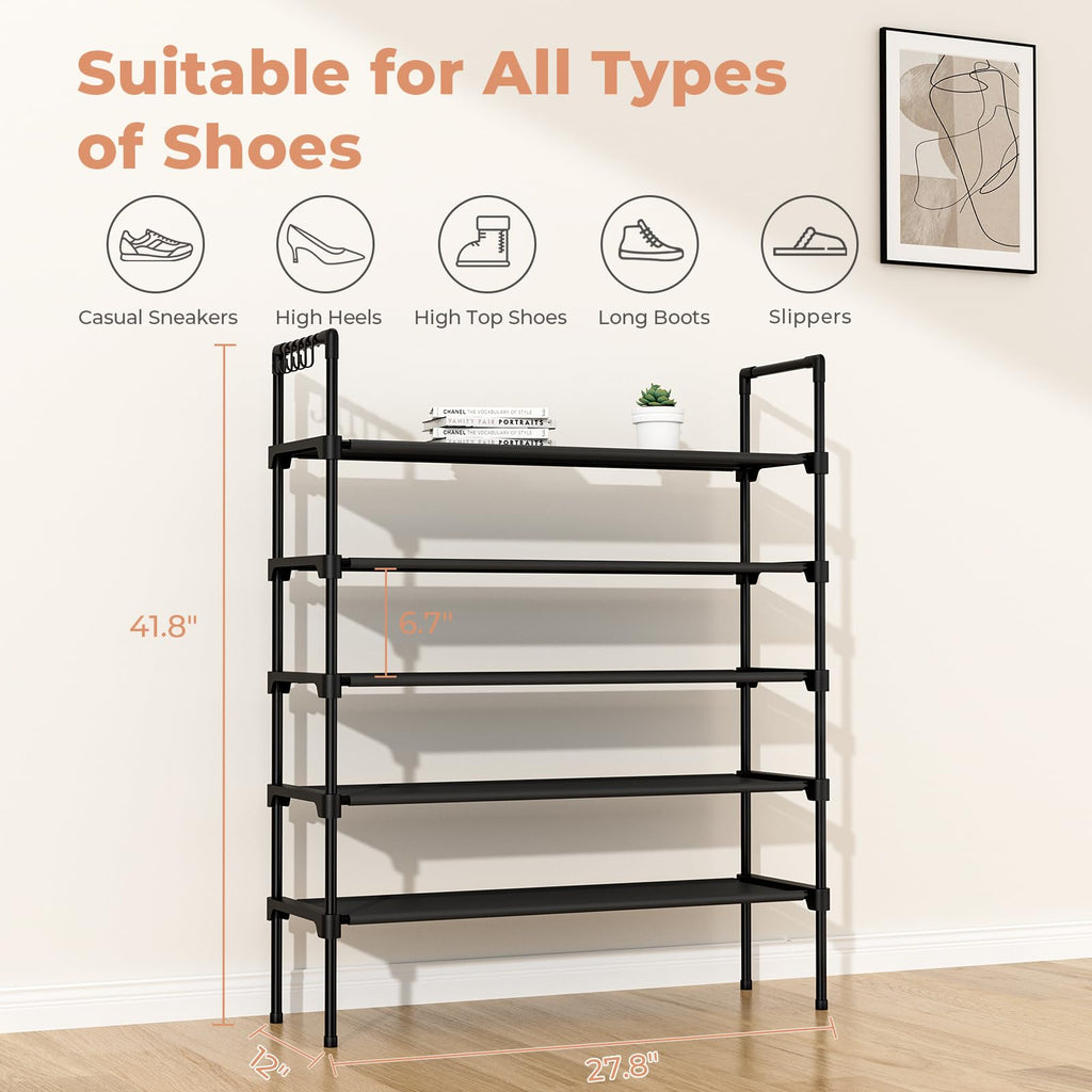 LANTEFUL 3 Tier Shoe Rack for Closet, Shoe Organizer with 5 Hooks, Long Shoe Shelf Storage for Sneaker and Boot Stackable Free Standing Shoe Rack for Entryway, Garage, Small Spaces, Dorm