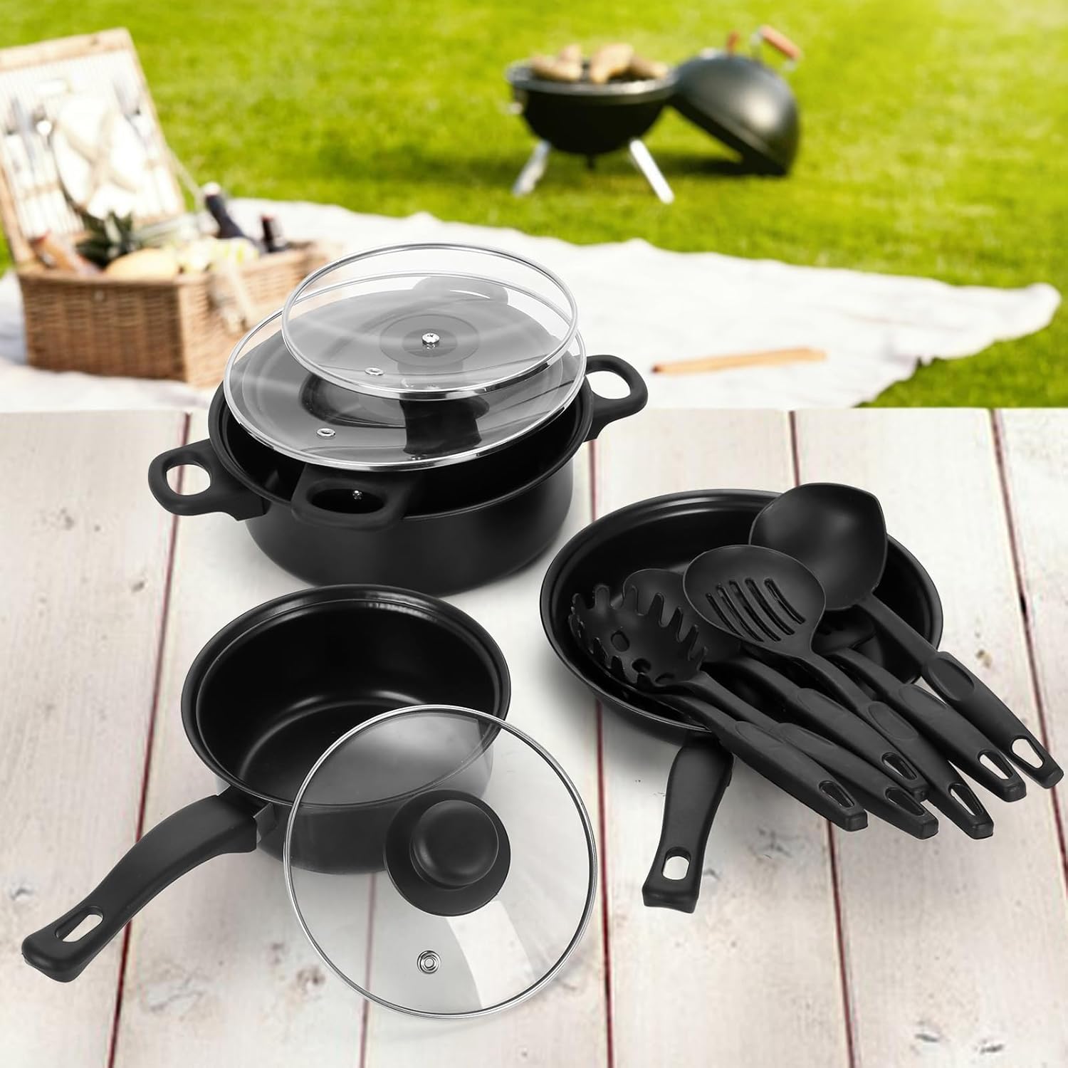 Non-Stick Cookware Set, 13 Piece Set Portable Lightweight Cast Iron Pots and Pans with Glass Lids and Nylon Utensils for Outdoor Camping Picnic Travel Cookware