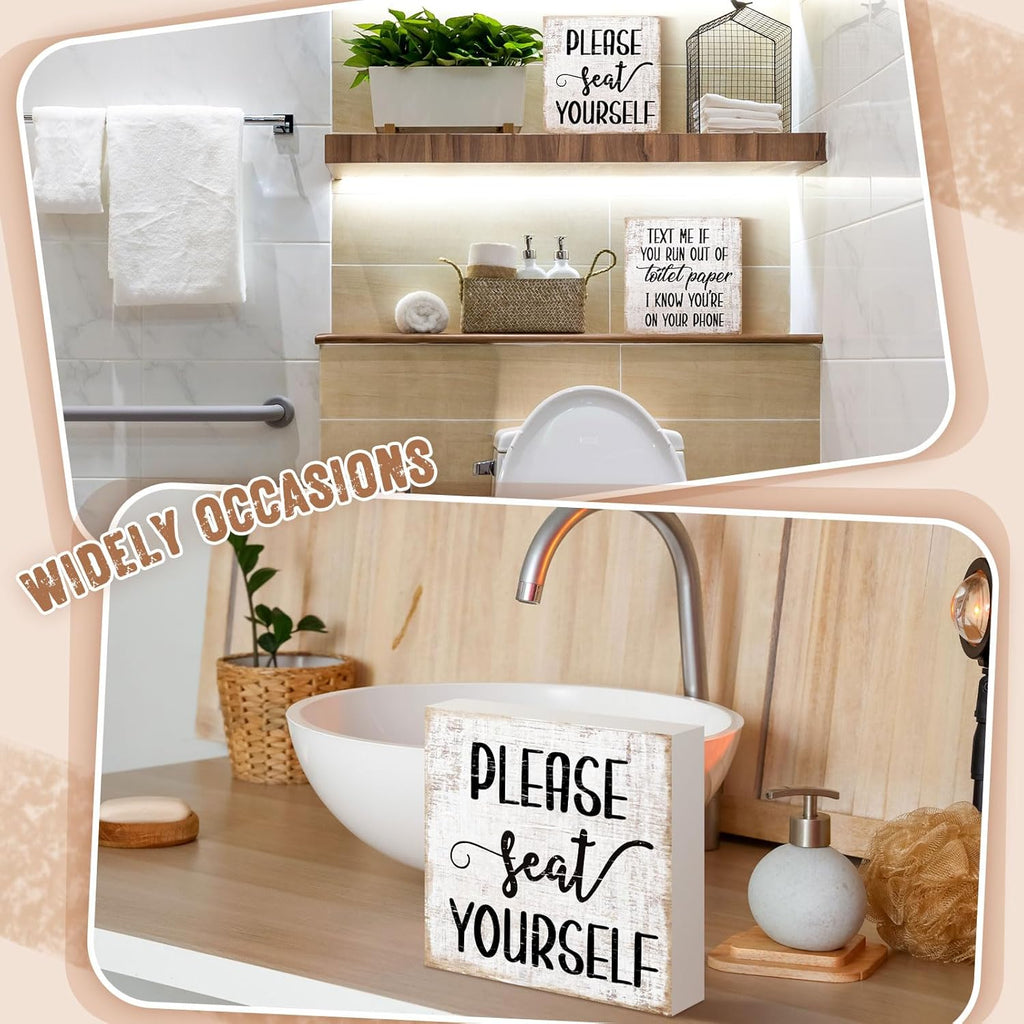 Jetec 2 Pieces Farmhouse Bathroom Signs Decor Wooden Box Sign Funny Bathroom Wall Art Rustic Wood Plaque Please Seat Yourself Decor for Home Restroom(Black)