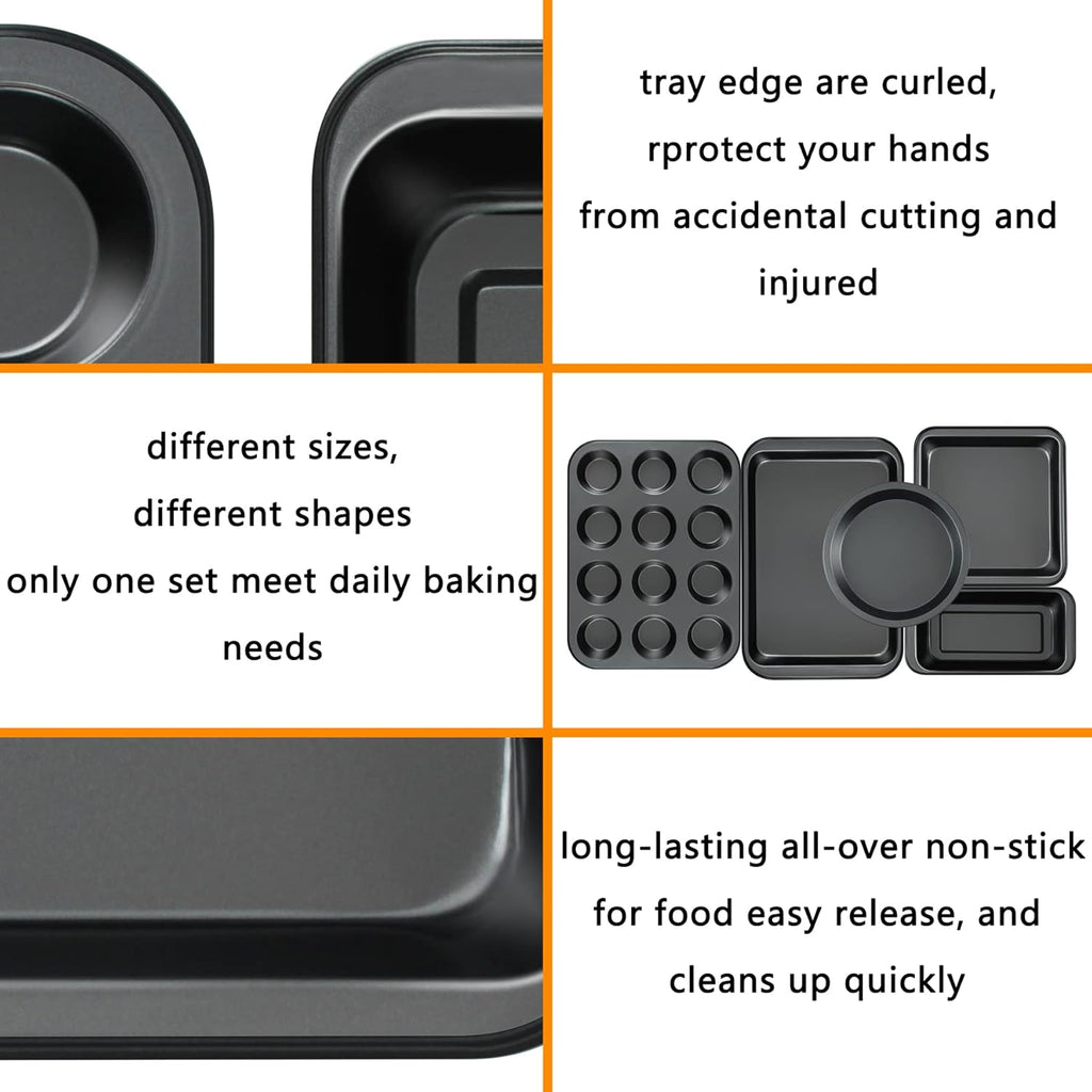 Kitchen 5-Piece Nonstick Bakeware Set - Round/Square Cake Pans, Muffin Pan, Loaf Pan, Roast Pan & Baking Sheets