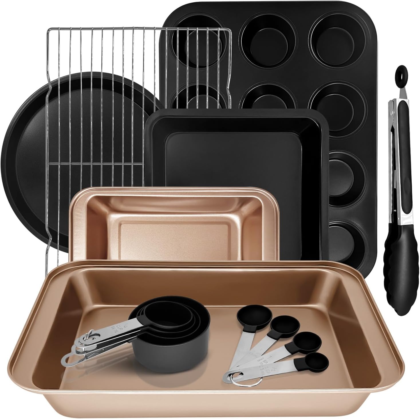 15pcs Nonstick Bakeware Set with Cooling Rack & Accessories, Baking Pan Set Includes Muffin Pan, Cake Pans, Loaf Pan, Baking Sheet, Measuring Cups & Tongs – Oven Safe Metal Bakeware for Home Baking