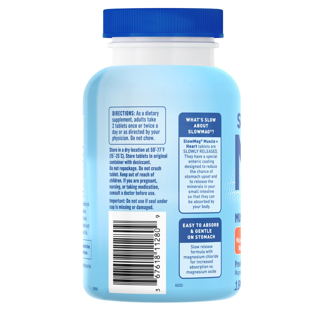 SlowMag Muscle & Heart Magnesium Chloride Supplement with Calcium, 180 Count, Supports Muscle Relaxation, Heart, Nerve & Bone Health, High Absorption