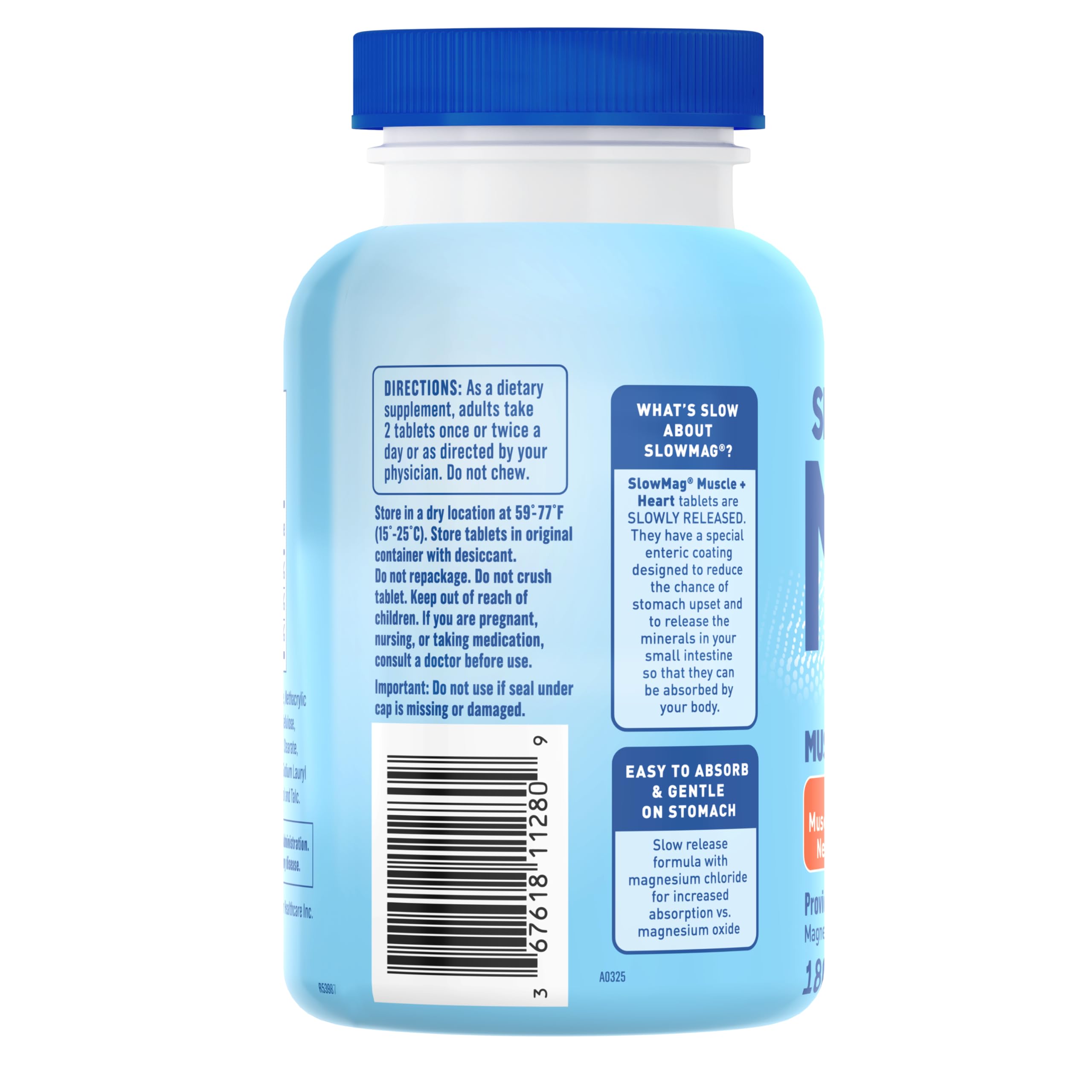 SlowMag Muscle & Heart Magnesium Chloride Supplement with Calcium, 180 Count, Supports Muscle Relaxation, Heart, Nerve & Bone Health, High Absorption
