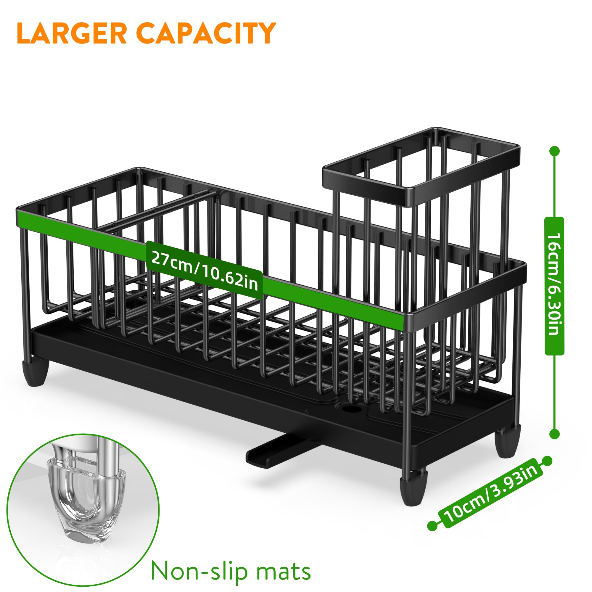 Cisily Black Sponge Holder for Kitchen Sink, Sink Caddy Organizer with High Brush Holder, Kitchen Countertop Organizers and Storage Essentials, Rustproof 304 Stainless Steel, Soap Dispenser Organize