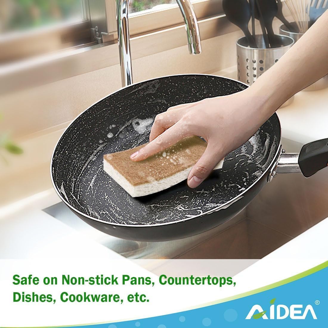 AIDEA Sponges Non Scratch, 24Count, Natural Sponge for Non Stick Cookware, Sponges Kitchen, Cellulose Scrub Sponge for Dishes, Cleaning Power for Kitchen, Bathroom, Household