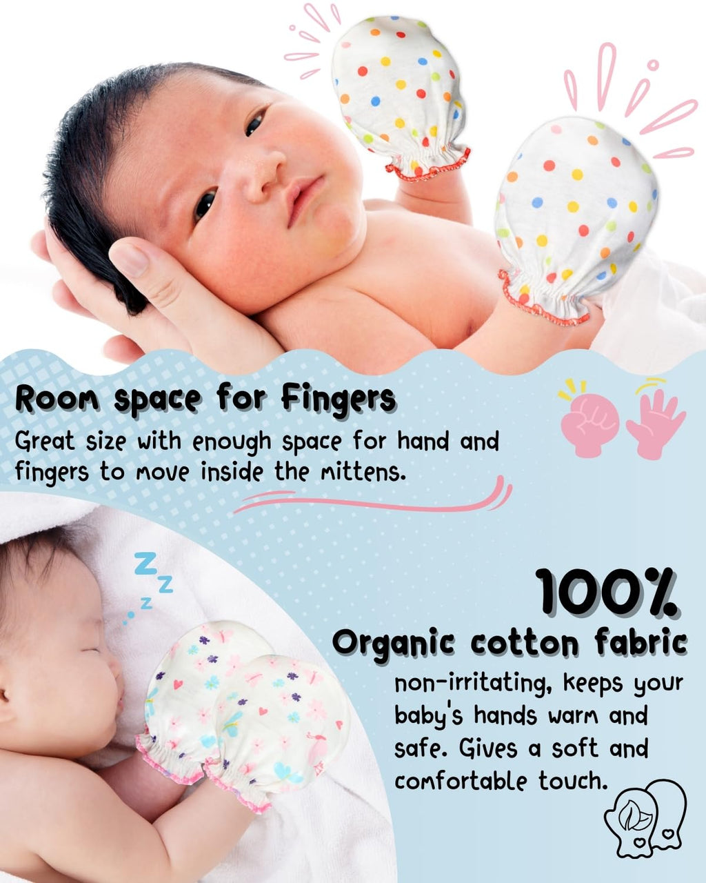 RATIVE Baby Mittens No Scratch Organic Cotton for Newborn 0-6 Months | Baby Essentials Must-Haves for Boys & Girls