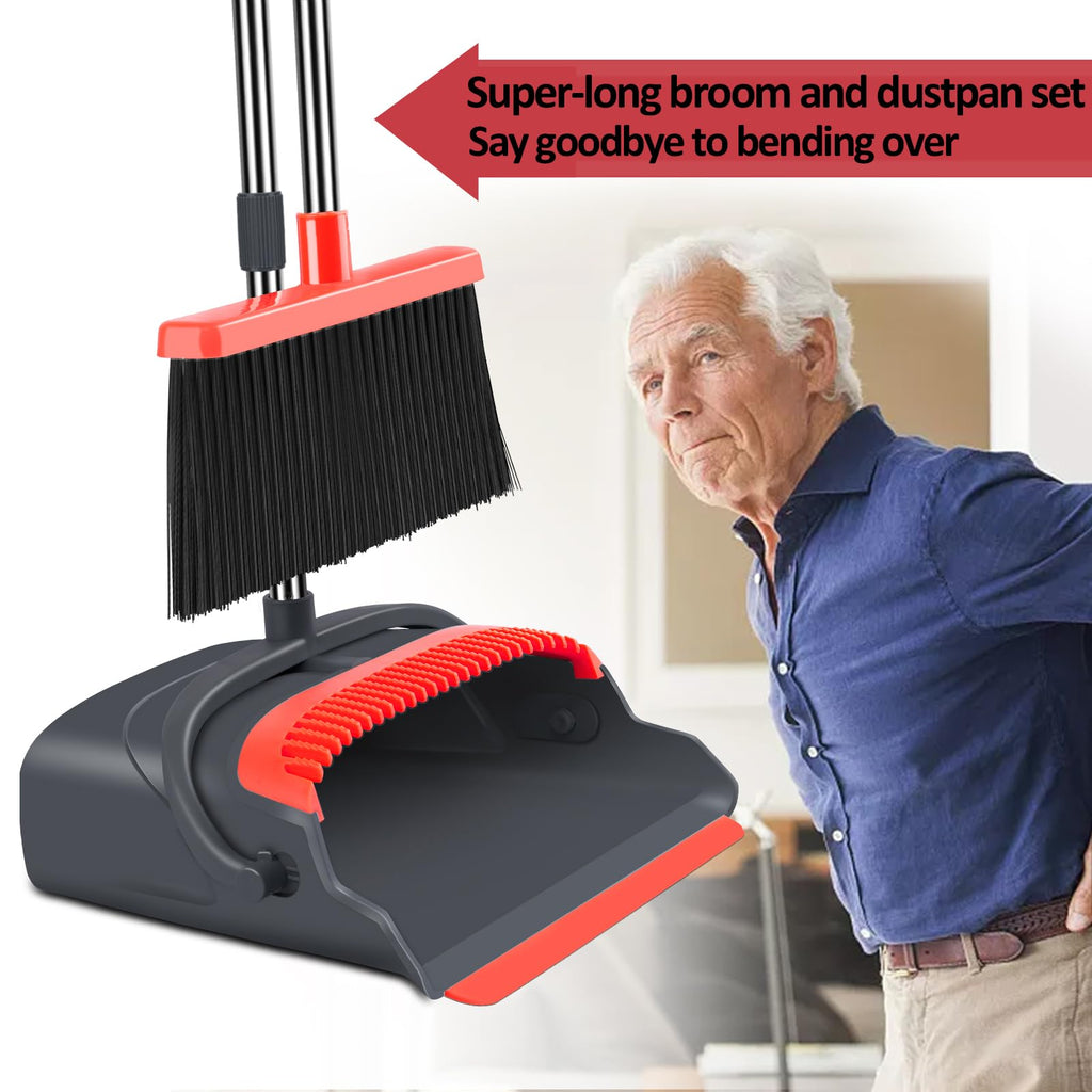 kelamayi Upgrade Broom and Dustpan Set, Large Size and with Long Handle, Upright,Ideal for Indoor Outdoor Garage Kitchen Room Office Lobby Use (Green)